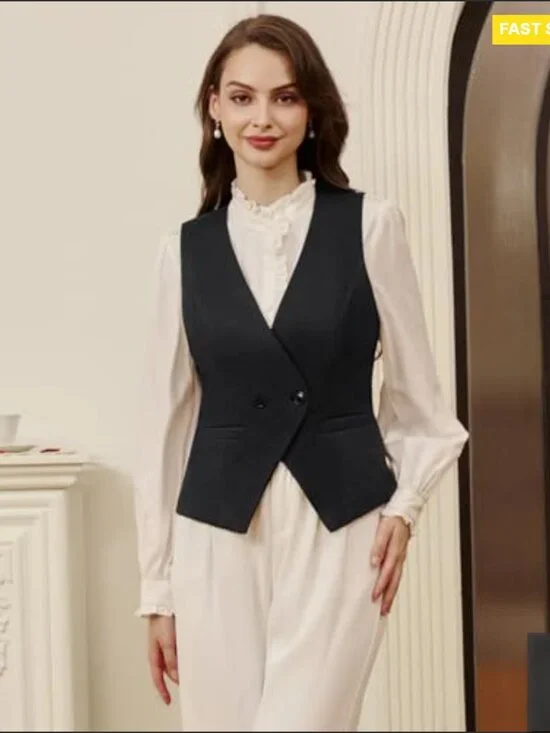 Sleeveless V-Neck Waistcoat Vest Lightweight Business Casual Adjustable Back - Picture 3 of 7